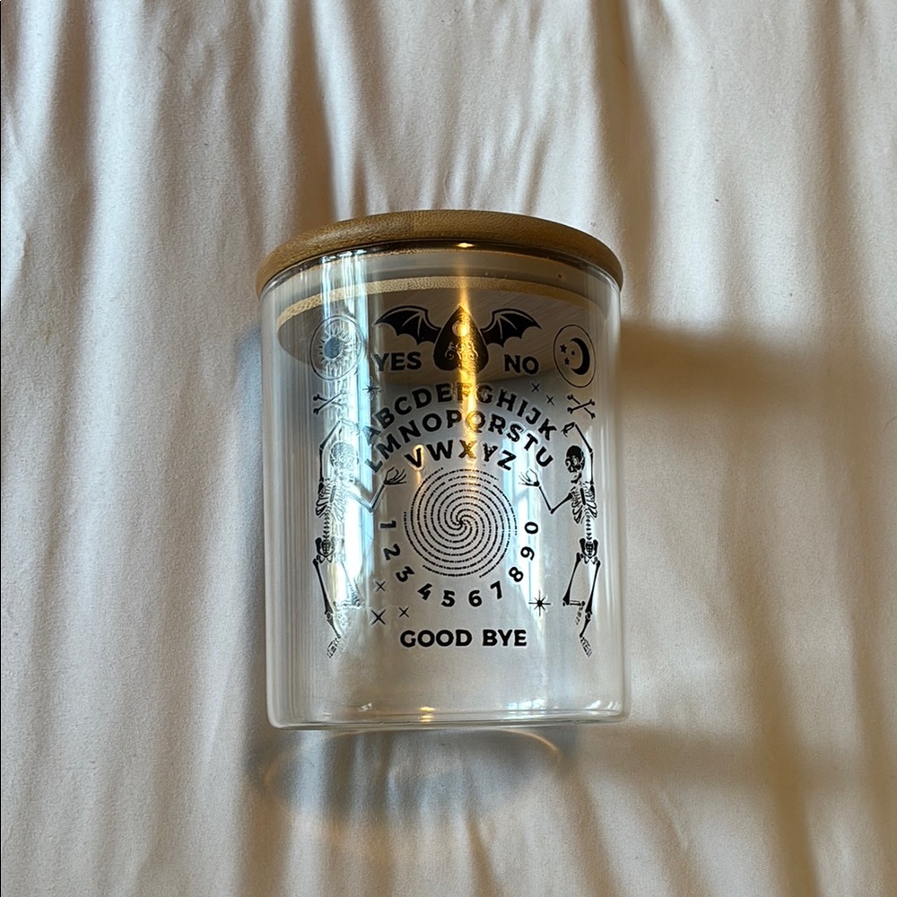 Ouija-Print Glass Storage Jar with Wood Lid - Black Design